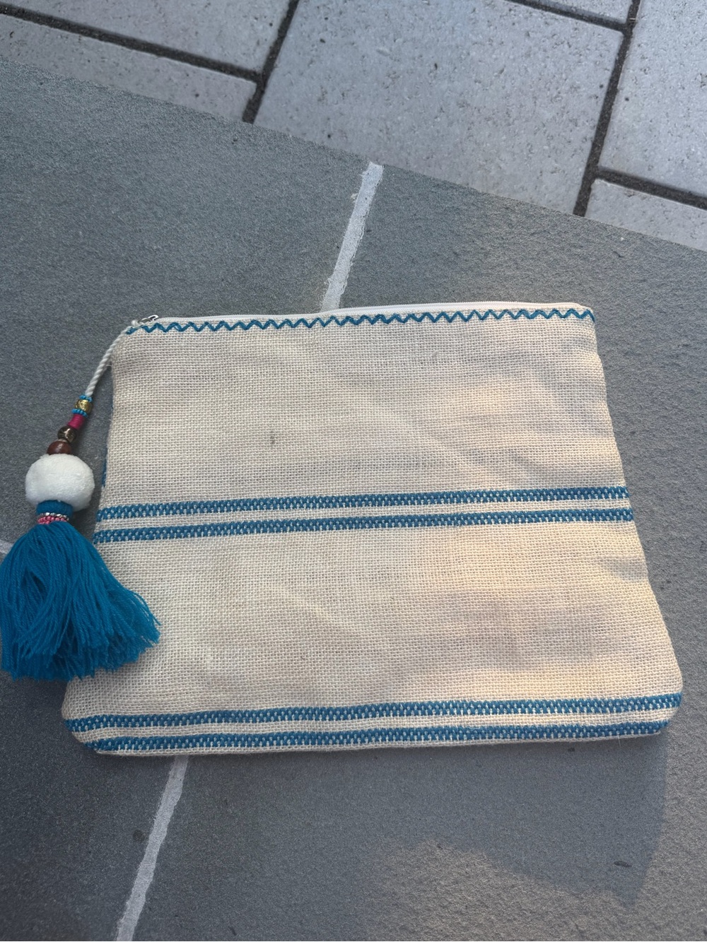 Star Mela Blue Embroidered Bird Tassel Boho Canvas Zip Bag 12" x 10" - Picture 7 of 12